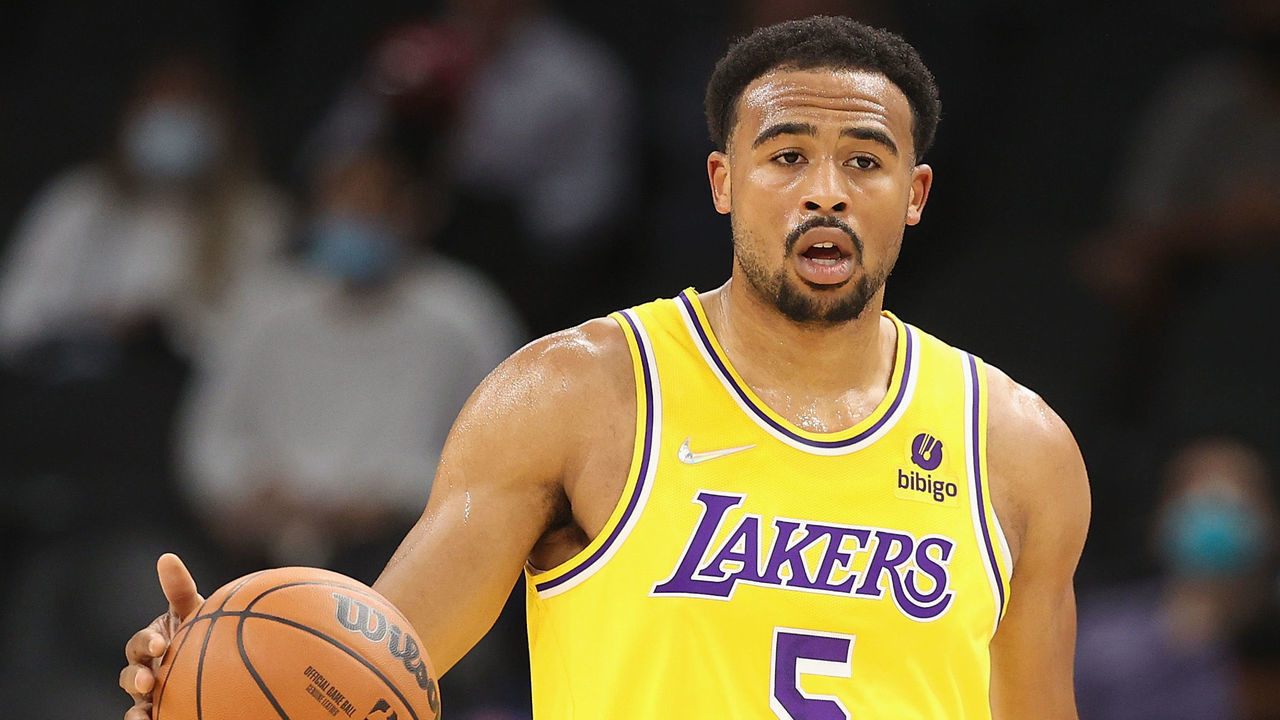 PHOENIX, ARIZONA - OCTOBER 06: Talen Horton-Tucker #5 of the Los Angeles Lakers handles the ball during the NBA preseason game at Footprint Center on October 06, 2021 in Phoenix, Arizona. The Suns defeated the Lakers 117-105.