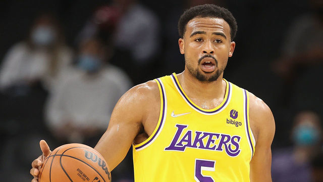 PHOENIX, ARIZONA - OCTOBER 06: Talen Horton-Tucker #5 of the Los Angeles Lakers handles the ball during the NBA preseason game at Footprint Center on October 06, 2021 in Phoenix, Arizona. The Suns defeated the Lakers 117-105.