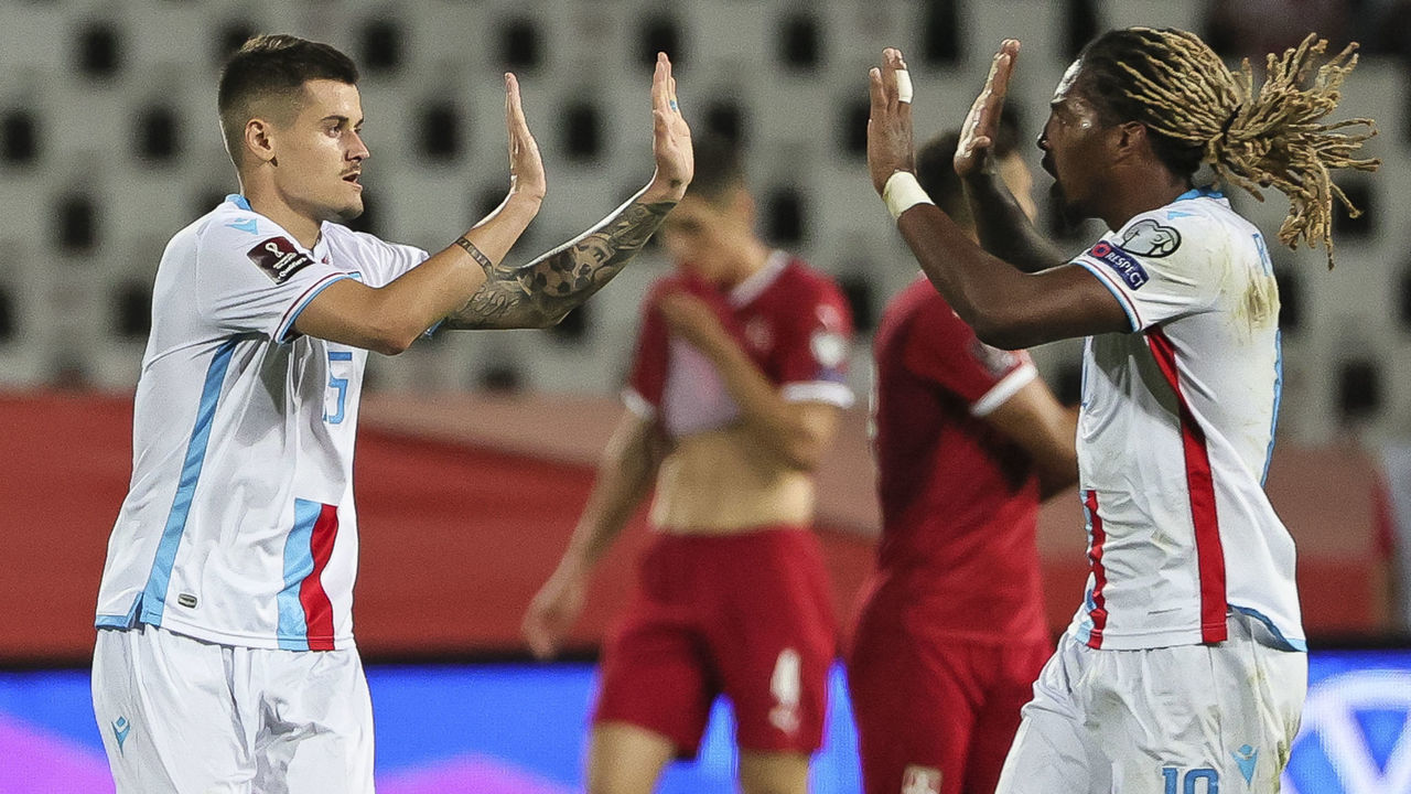 BELGRADE, SERBIA - SEPTEMBER 04: Olivier Thill (L) of Luxembourg celebrates after scoring a goal with Gerson Rodrigues during the 2022 FIFA World Cup Qualifier match between Serbia and Luxembourg at Rajko Mitic stadium on September 4, 2021 in Belgrade, Serbia .