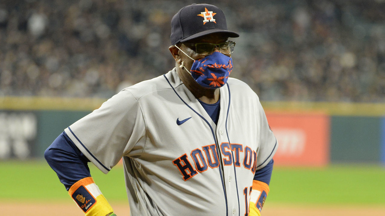 CHICAGO - OCTOBER 10: Manger Dusty Baker Jr. #12 of the Houston Astros is introduced prior to Game Three of the American League Division Series against the Chicago White Sox on October 10, 2021 at Guaranteed Rate Field in Chicago, Illinois.