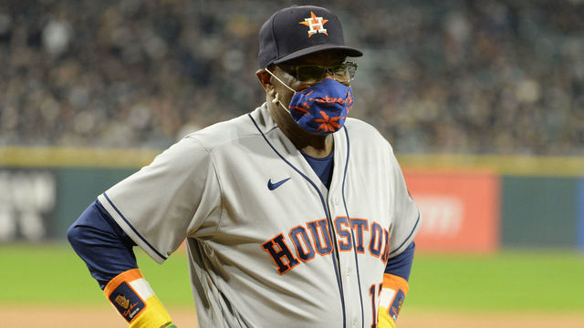 CHICAGO - OCTOBER 10: Manger Dusty Baker Jr. #12 of the Houston Astros is introduced prior to Game Three of the American League Division Series against the Chicago White Sox on October 10, 2021 at Guaranteed Rate Field in Chicago, Illinois.