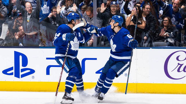 TORONTO, ON - OCTOBER 25: Ilya Mikheyev #65 of the Toronto Maple Leafs celebrates his goal with teammate Auston Matthews #34 against the San Jose Sharks during the third period at the Scotiabank Arena on October 25, 2019 in Toronto, Ontario, Canada.
