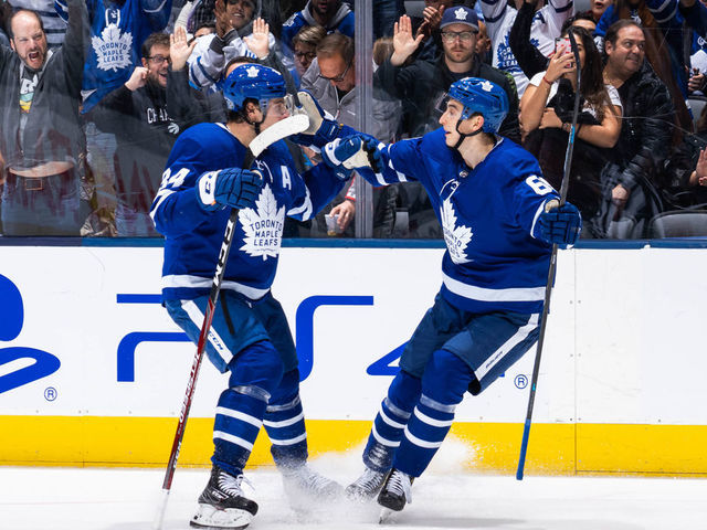 TORONTO, ON - OCTOBER 25: Ilya Mikheyev #65 of the Toronto Maple Leafs celebrates his goal with teammate Auston Matthews #34 against the San Jose Sharks during the third period at the Scotiabank Arena on October 25, 2019 in Toronto, Ontario, Canada.