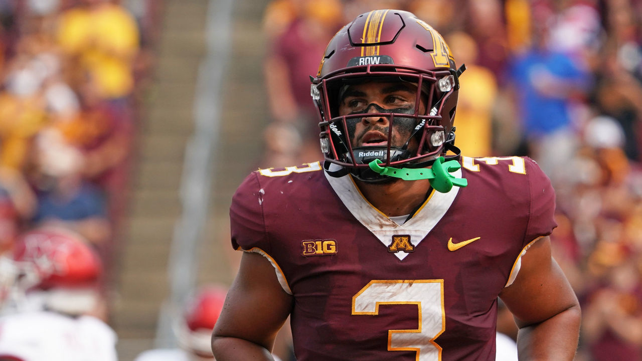 MINNEAPOLIS, MN - SEPTEMBER 11: Minnesota Golden Gophers running back Trey Potts (3) runs off the field after his 4-yard touchdown run in the first quarter during a game between the Minnesota Golden Gophers and the Miami of Ohio State Redhawks at Huntington Bank Stadium in Minneapolis, MN on September 11, 2021.