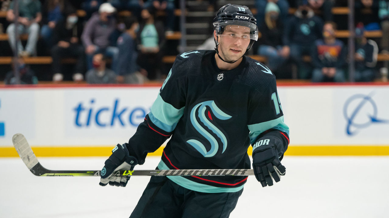 SEATTLE, WASHINGTON - SEPTEMBER 25: Calle Jarnkrok #19 of the Seattle Kraken skates during a scrimmage at the Kraken Community Iceplex on September 25, 2021 in Seattle, Washington.