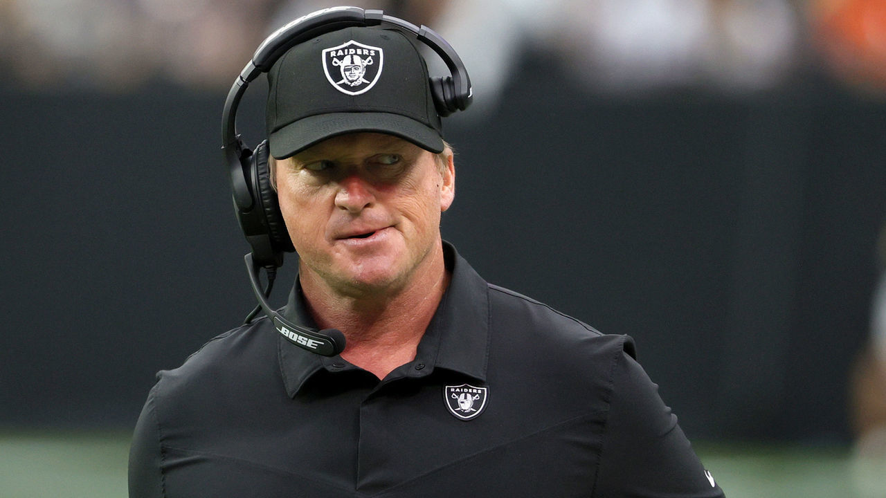 LAS VEGAS, NEVADA - OCTOBER 10: Head coach Jon Gruden of the Las Vegas Raiders reacts during a game against the Chicago Bears at Allegiant Stadium on October 10, 2021 in Las Vegas, Nevada. The Bears defeated the Raiders 20-9.