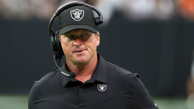 LAS VEGAS, NEVADA - OCTOBER 10: Head coach Jon Gruden of the Las Vegas Raiders reacts during a game against the Chicago Bears at Allegiant Stadium on October 10, 2021 in Las Vegas, Nevada. The Bears defeated the Raiders 20-9.