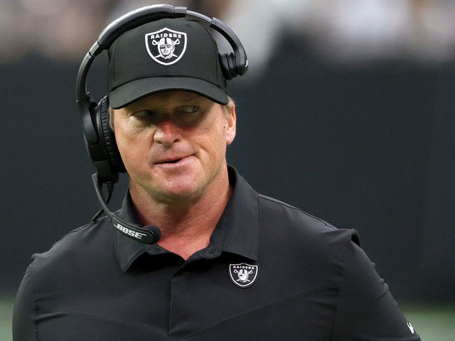 LAS VEGAS, NEVADA - OCTOBER 10: Head coach Jon Gruden of the Las Vegas Raiders reacts during a game against the Chicago Bears at Allegiant Stadium on October 10, 2021 in Las Vegas, Nevada. The Bears defeated the Raiders 20-9.