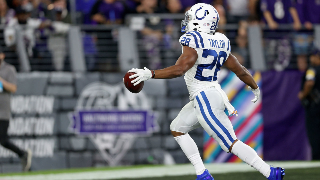 BALTIMORE, MARYLAND - OCTOBER 11: Jonathan Taylor #28 of the Indianapolis Colts celebrates a touchdown during the first quarter in a game against the Baltimore Ravens at M&T Bank Stadium on October 11, 2021 in Baltimore, Maryland.