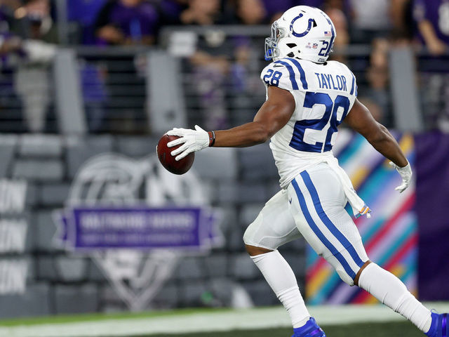 BALTIMORE, MARYLAND - OCTOBER 11: Jonathan Taylor #28 of the Indianapolis Colts celebrates a touchdown during the first quarter in a game against the Baltimore Ravens at M&T Bank Stadium on October 11, 2021 in Baltimore, Maryland.