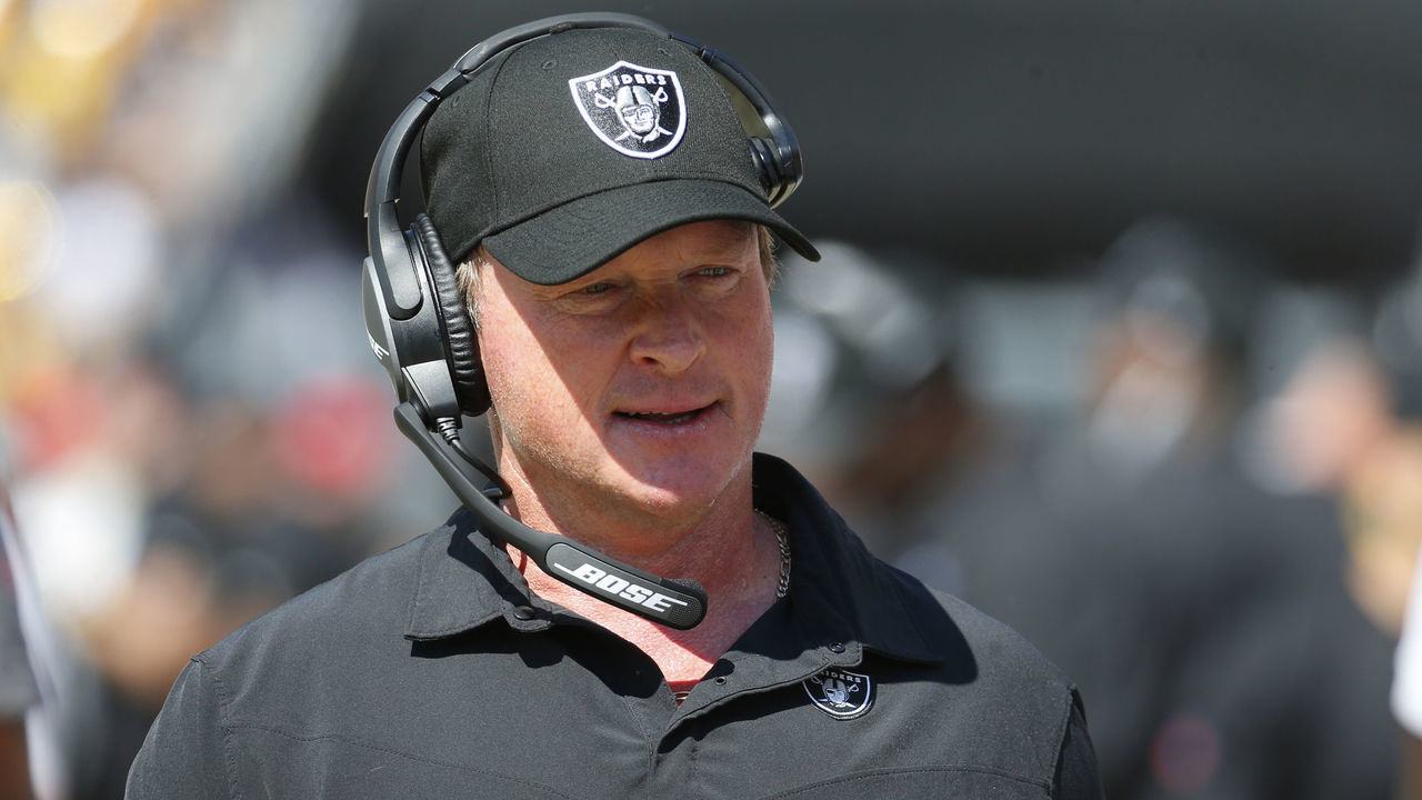 PITTSBURGH, PA - SEPTEMBER 19: Jon Gruden of the Las Vegas Raiders in action against the Pittsburgh Steelers on September 19, 2021 at Heinz Field in Pittsburgh, Pennsylvania.