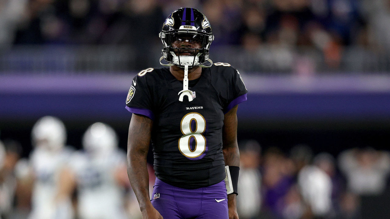 BALTIMORE, MARYLAND - OCTOBER 11: Lamar Jackson #8 of the Baltimore Ravens looks on during the second quarter in a game against the Indianapolis Colts at M&T Bank Stadium on October 11, 2021 in Baltimore, Maryland.