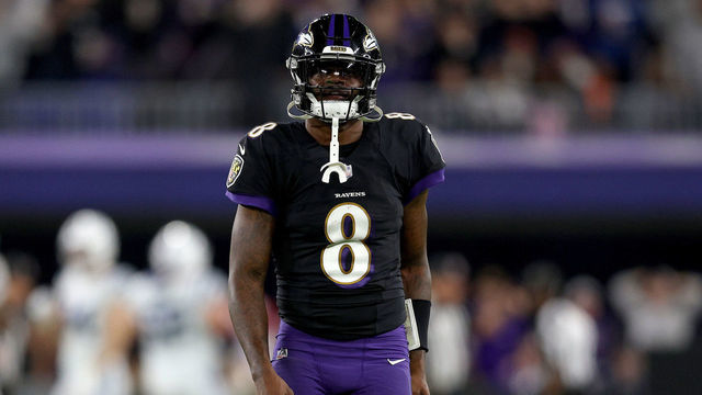 BALTIMORE, MARYLAND - OCTOBER 11: Lamar Jackson #8 of the Baltimore Ravens looks on during the second quarter in a game against the Indianapolis Colts at M&T Bank Stadium on October 11, 2021 in Baltimore, Maryland.