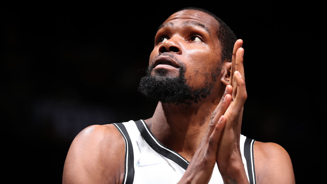 BROOKLYN, NY - OCTOBER 8: Kevin Durant #7 of the Brooklyn Nets looks on during a preseason game against the Milwaukee Bucks on October 8, 2021 at Barclays Center in Brooklyn, New York. Mandatory Copyright Notice: Copyright 2021 NBAE