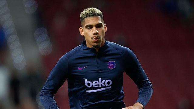 Ronald Araujo of Barcelona during the warm-up before the La Liga Santander match between Club Atletico de Madrid and FC Barcelona at Estadio Wanda Metropolitano on October 2, 2021 in Madrid, Spain.