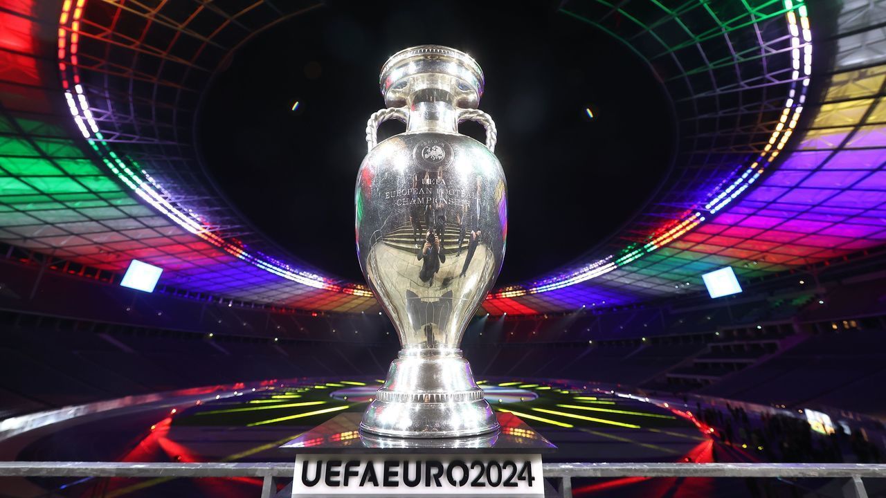 BERLIN, GERMANY - OCTOBER 05: THE UEFA EURO 2024 Winners Trophy is pictured duirng the UEFA EURO 2024 Brand Launch at Olympiastadion on October 05, 2021 in Berlin, Germany.