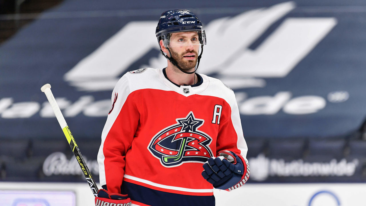 COLUMBUS, OH - APRIL 6: Boone Jenner #38 of the Columbus Blue Jackets skates against the Tampa Bay Lightning at Nationwide Arena on April 6, 2021 in Columbus, Ohio.