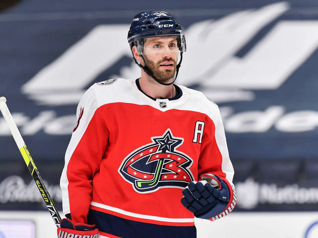 COLUMBUS, OH - APRIL 6: Boone Jenner #38 of the Columbus Blue Jackets skates against the Tampa Bay Lightning at Nationwide Arena on April 6, 2021 in Columbus, Ohio.