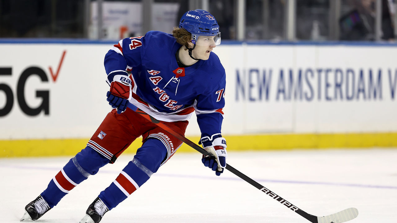 NEW YORK, NEW YORK - APRIL 22: Vitali Kravtsov #74 of the New York Rangers skates against the Philadelphia Flyers at Madison Square Garden on April 22, 2021 in New York City.