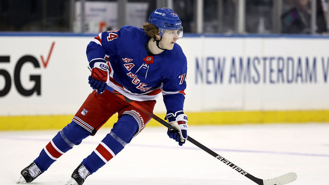 NEW YORK, NEW YORK - APRIL 22: Vitali Kravtsov #74 of the New York Rangers skates against the Philadelphia Flyers at Madison Square Garden on April 22, 2021 in New York City.