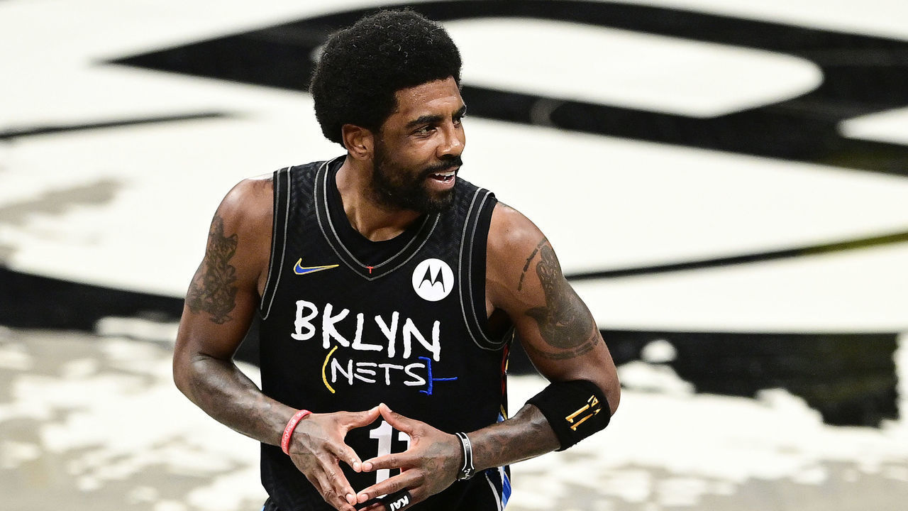 NEW YORK, NEW YORK - JUNE 07: Kyrie Irving #11 of the Brooklyn Nets reacts after being called for a foul against the Milwaukee Bucks in Game Two of the Second Round of the 2021 NBA Playoffs at Barclays Center on June 07, 2021 in New York City.
