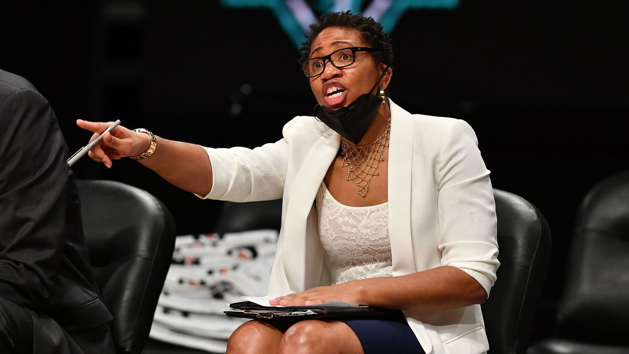 BROOKLYN, NY - JUNE 3: Assistant Coach Tanisha Wright of the Las Vegas Aces coaches during the game against the New York Liberty on June 3, 2021 at Barclays Center in Brooklyn, New York. Mandatory Copyright Notice: Copyright 2021 NBAE