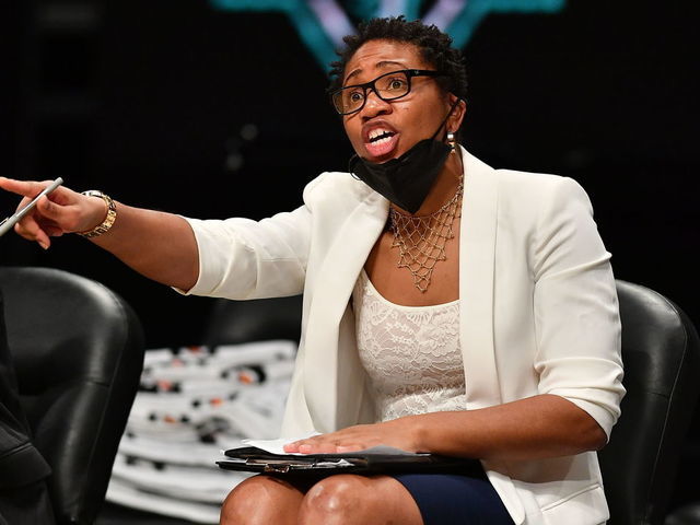 BROOKLYN, NY - JUNE 3: Assistant Coach Tanisha Wright of the Las Vegas Aces coaches during the game against the New York Liberty on June 3, 2021 at Barclays Center in Brooklyn, New York. Mandatory Copyright Notice: Copyright 2021 NBAE
