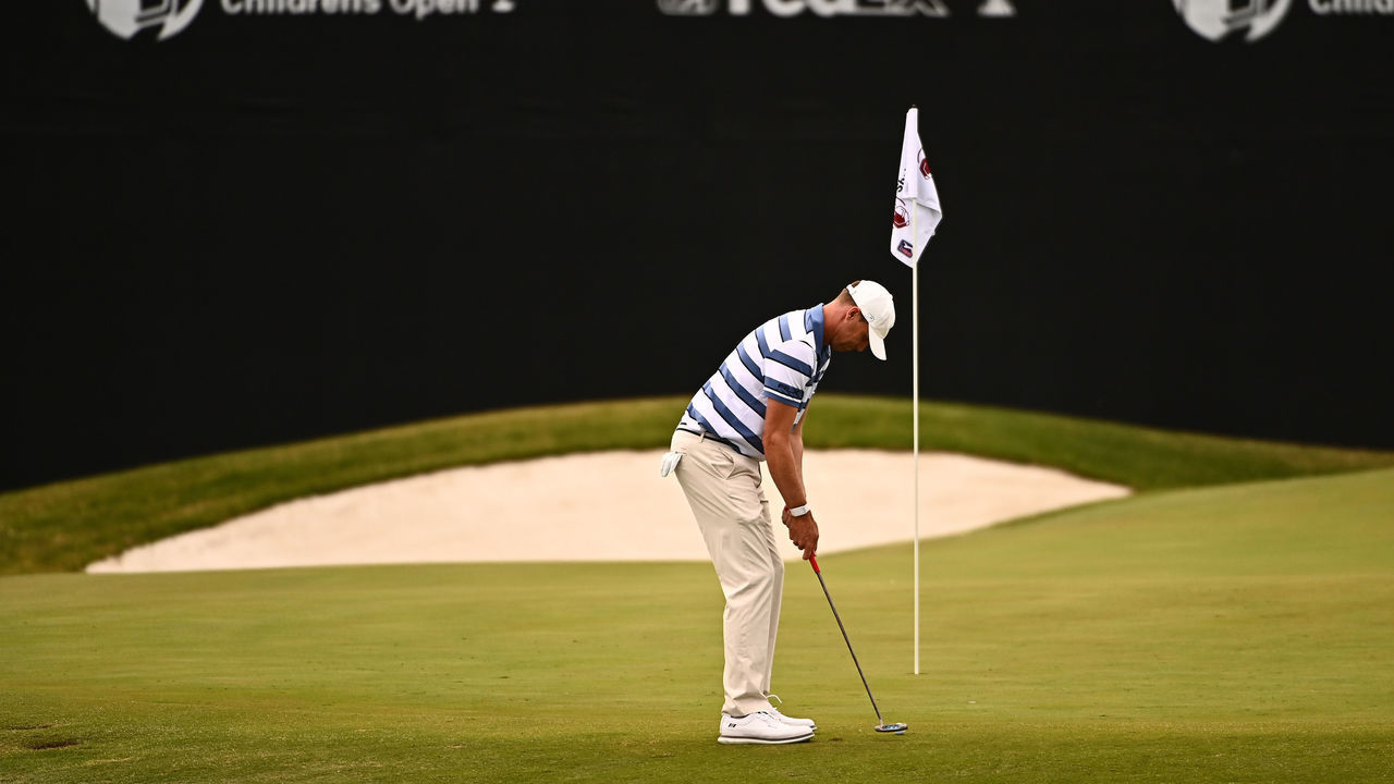 LAS VEGAS, NEVADA - OCTOBER 09: Nick Watney putts on the 18th hole during round three of the Shriners Children's Open at TPC Summerlin on October 09, 2021 in Las Vegas, Nevada.