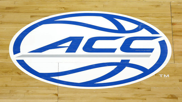 GREENSBORO, NORTH CAROLINA - MARCH 11: A detail of the ACC logo on the court during the first half of the quarterfinals game between the Georgia Tech Yellow Jackets and the Miami Hurricanes in the ACC Men's Basketball Tournament at Greensboro Coliseum on March 11, 2021 in Greensboro, North Carolina.