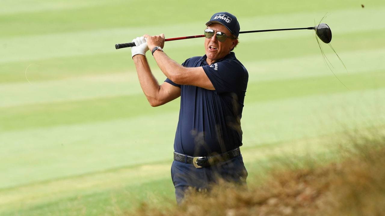 THOUSAND OAKS, CALIFORNIA - OCTOBER 22: Phil Mickelson of the United States hits his driver from the rough for second shot on the sixth hole during the first round of the Zozo Championship @ Sherwood on October 22, 2020 in Thousand Oaks, California.