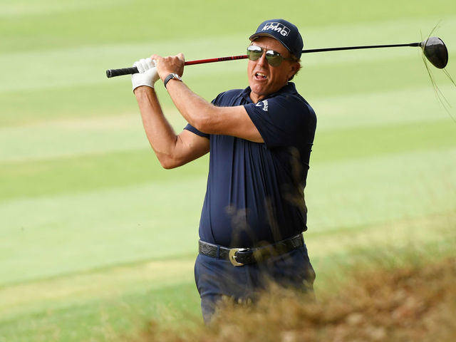 THOUSAND OAKS, CALIFORNIA - OCTOBER 22: Phil Mickelson of the United States hits his driver from the rough for second shot on the sixth hole during the first round of the Zozo Championship @ Sherwood on October 22, 2020 in Thousand Oaks, California.