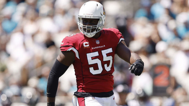 JACKSONVILLE, FLORIDA - SEPTEMBER 26: Chandler Jones #55 of the Arizona Cardinals celebrates a tackle during the first quarter against the Jacksonville Jaguars in the game at TIAA Bank Field on September 26, 2021 in Jacksonville, Florida.