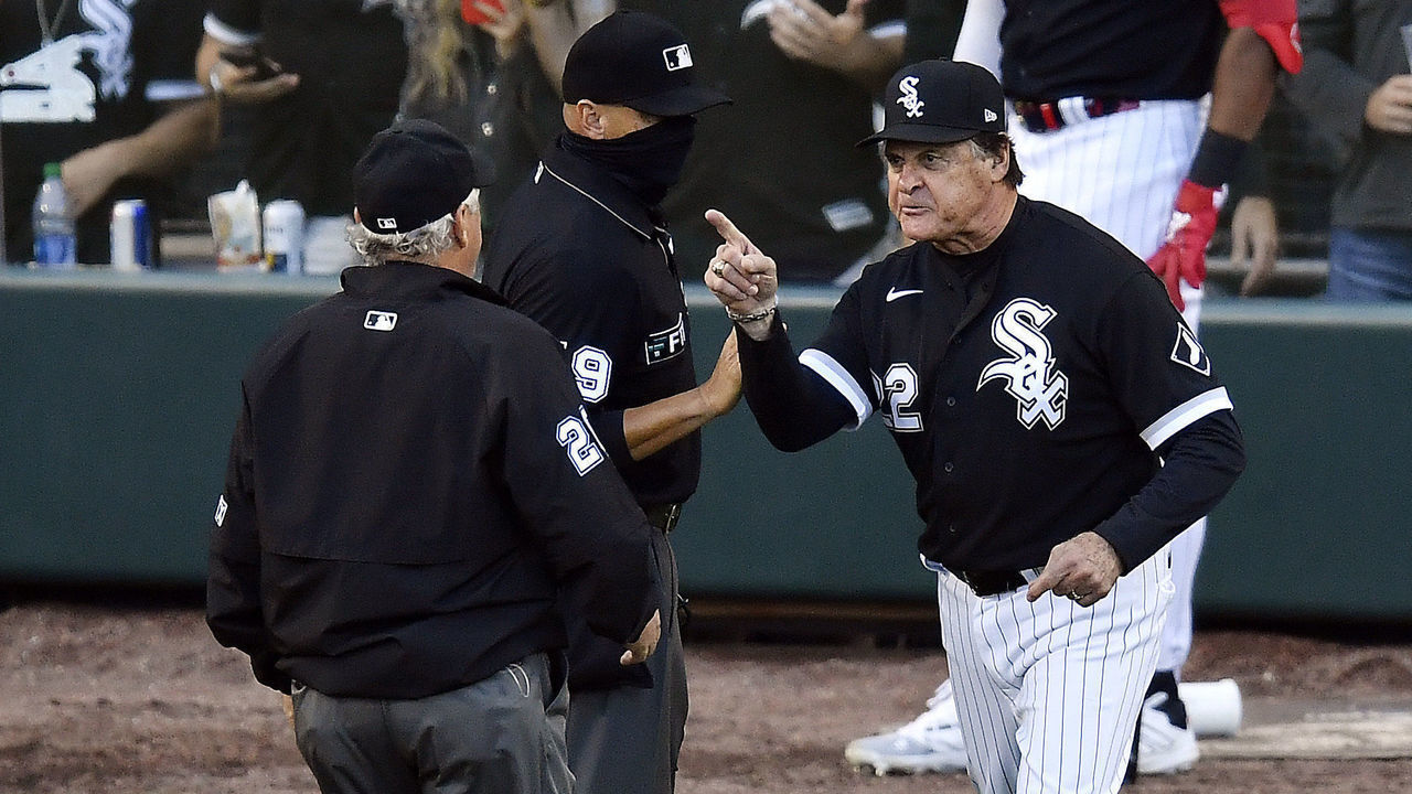 CHICAGO, ILLINOIS - OCTOBER 12: Manager Tony La Russa #22 of the Chicago White Sox argues with umpires during the 8th inning of Game 4 of the American League Division Series against the Houston Astros at Guaranteed Rate Field on October 12, 2021 in Chicago, Illinois.