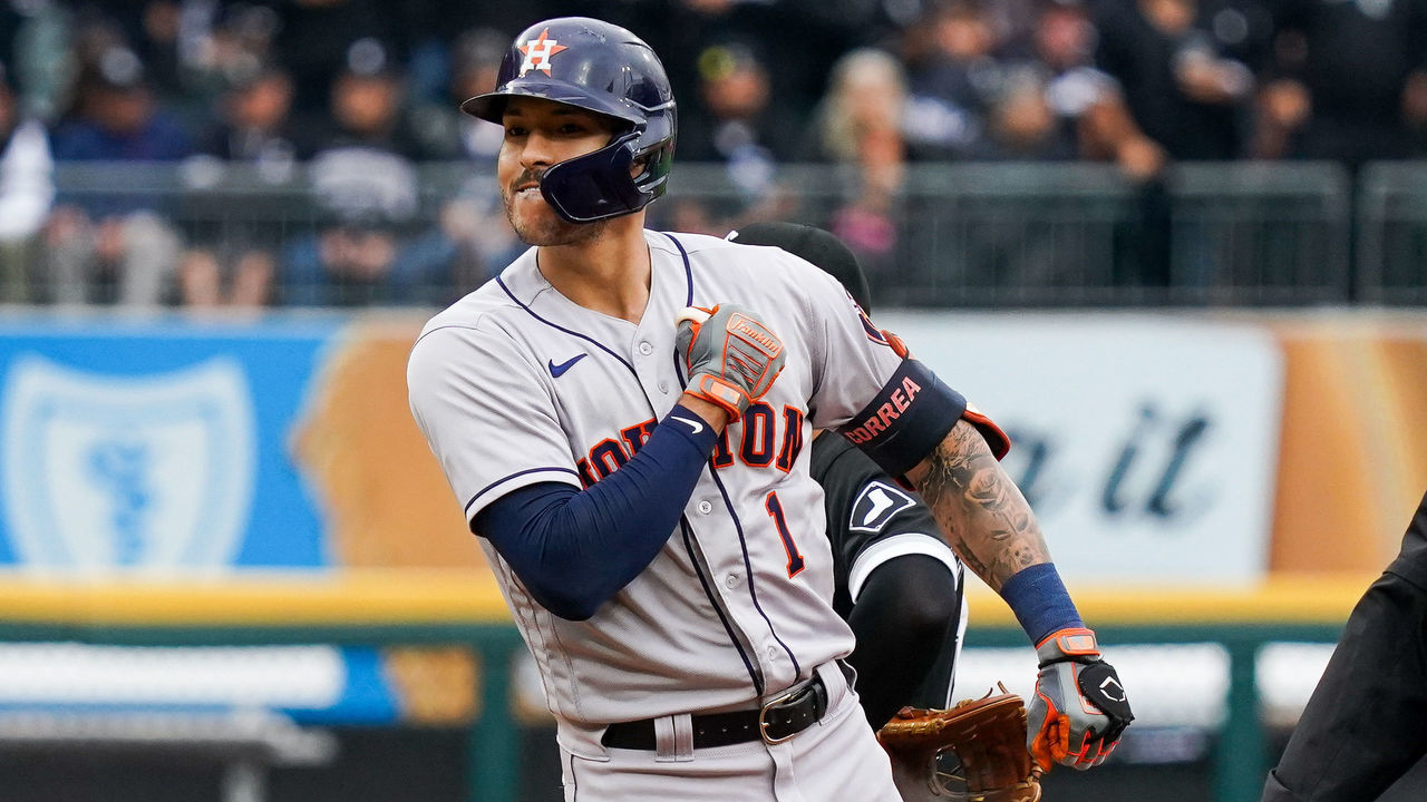 CHICAGO, IL - OCTOBER 12: Carlos Correa #1 of the Houston Astros reacts after hitting a two run double in the third inning during Game 4 of the ALDS between the Houston Astros and the Chicago White Sox at Guaranteed Rate Field on Tuesday, October 12, 2021 in Chicago, Illinois.