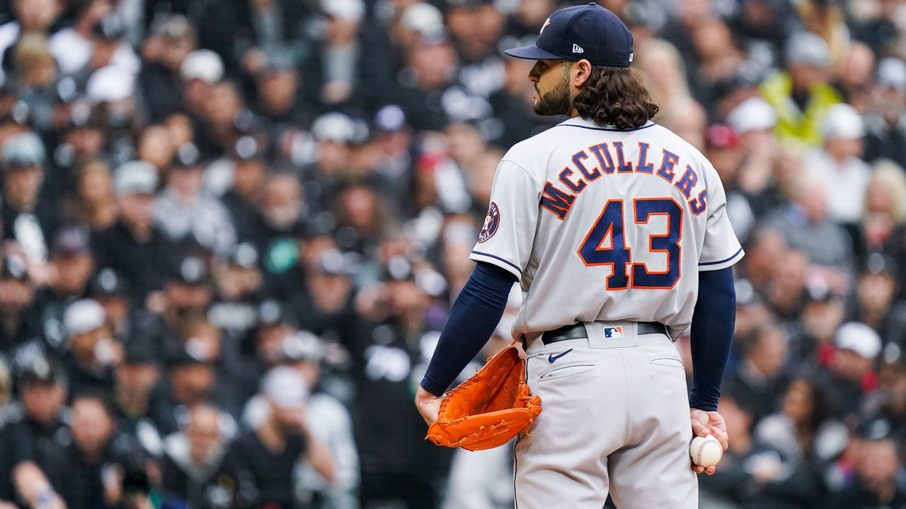 CHICAGO, IL - OCTOBER 12: Lance McCullers Jr. #43 of the Houston Astros looks on in between pitches during Game 4 of the ALDS between the Houston Astros and the Chicago White Sox at Guaranteed Rate Field on Tuesday, October 12, 2021 in Chicago, Illinois.