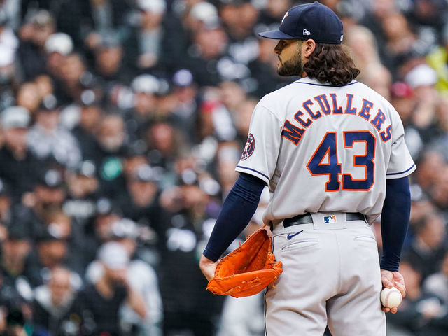 CHICAGO, IL - OCTOBER 12: Lance McCullers Jr. #43 of the Houston Astros looks on in between pitches during Game 4 of the ALDS between the Houston Astros and the Chicago White Sox at Guaranteed Rate Field on Tuesday, October 12, 2021 in Chicago, Illinois.