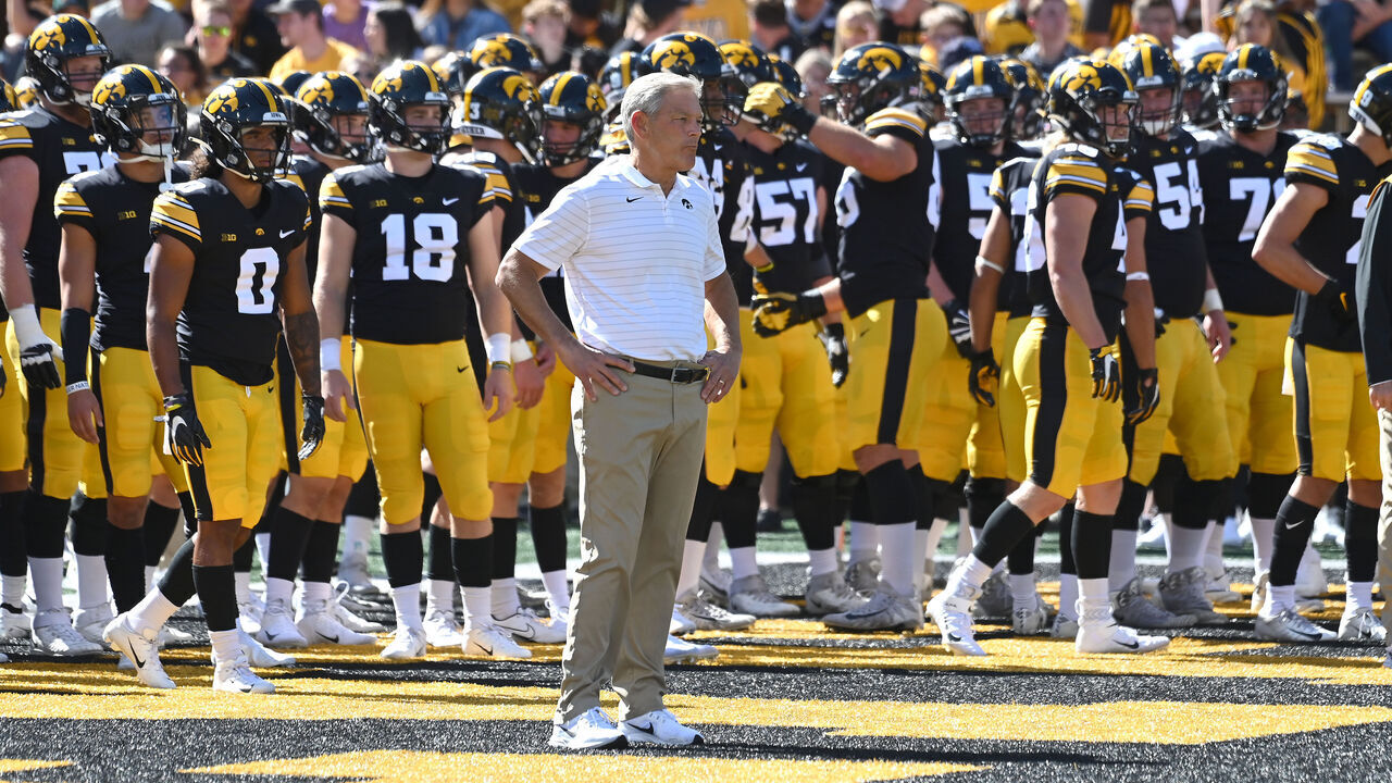 IOWA CITY, IA - SEPTEMBER 25: Iowa head coach Kirk Ferentz watches his team warm up before a college football game between the Colorado St. Rams and the Iowa Hawkeyes on September 25, 2021, at Kinnick Stadium, Iowa City, Ia. ,