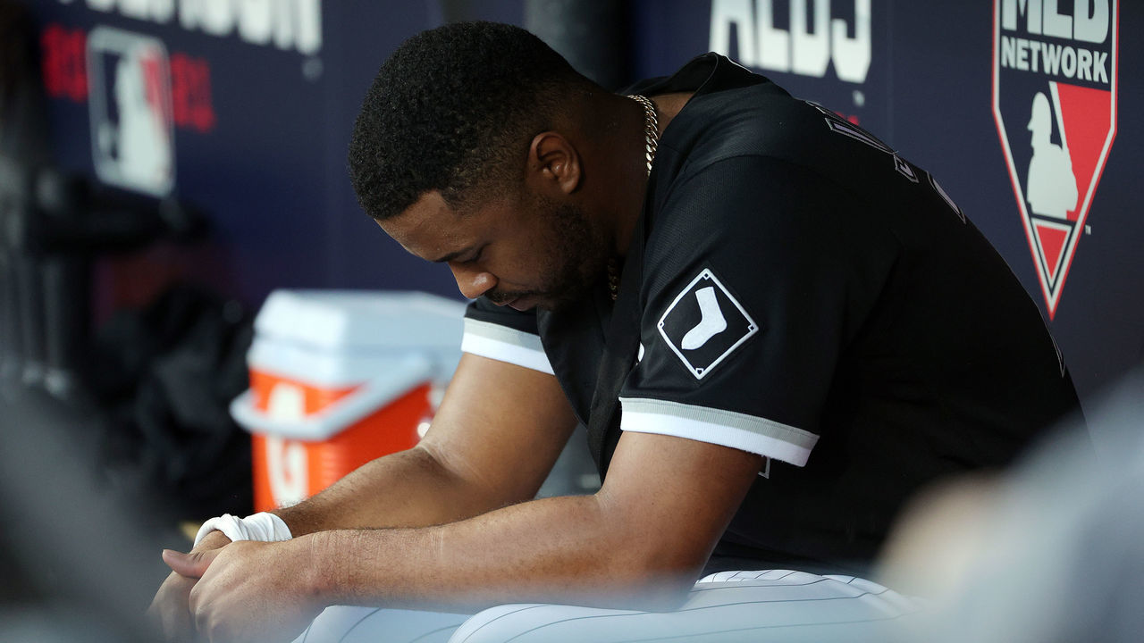 CHICAGO, ILLINOIS - OCTOBER 12: Eloy Jimenez #74 of the Chicago White Sox watches from the dugout as the Houston Astros defeat the White Sox 10-1 to win Game 4 of the American League Division Series at Guaranteed Rate Field on October 12, 2021 in Chicago, Illinois. The Astros won the American League Division Series 3-1 and will advance to the American League Championship Series.