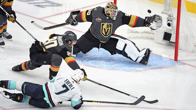 LAS VEGAS, NEVADA - OCTOBER 12: Jordan Eberle #7 of the Seattle Kraken hits the crossbar behind Robin Lehner #90 of the Vegas Golden Knights during the first period of the Kraken's inaugural regular-season game at T-Mobile Arena on October 12, 2021 in Las Vegas, Nevada.
