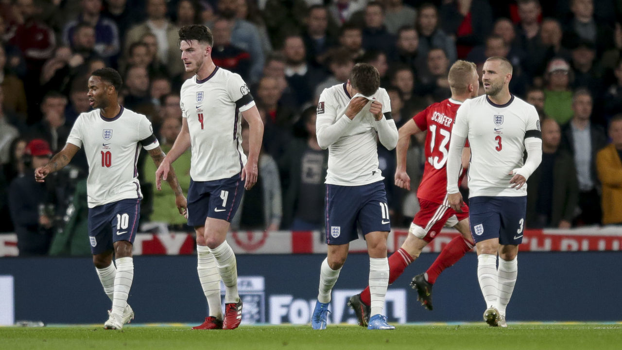 LONDON, ENGLAND - OCTOBER 12: Raheem Sterling, Declan Rice, Mason Mount and Luke Shaw of England after Hungary take the lead during the 2022 FIFA World Cup Qualifier match between England and Hungary at Wembley Stadium on October 12, 2021 in London, England.