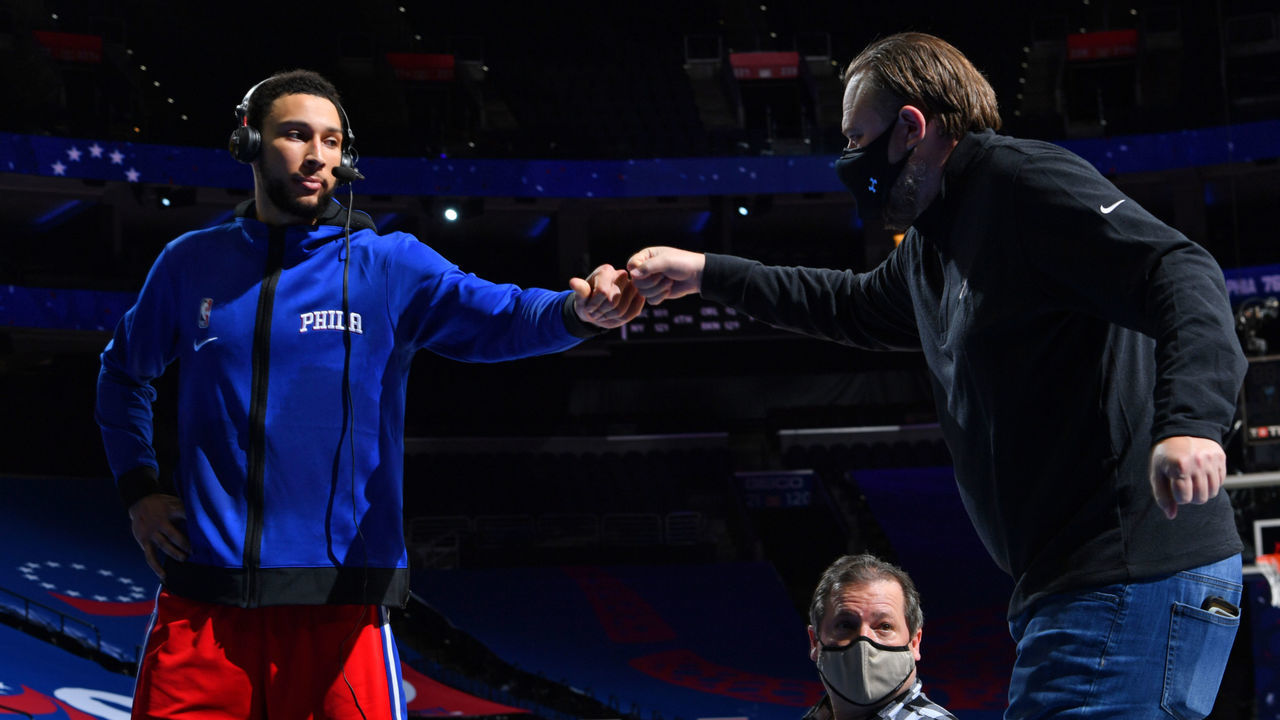 PHILADELPHIA, PA - FEBRUARY 25: Ben Simmons #25 of the Philadelphia 76ers and President of Basketball Operations, Daryl Morey of the Philadelphia 76ers high-five after a game on February 25, 2021 at Wells Fargo Center in Philadelphia, Pennsylvania. NOTE TO USER: User expressly acknowledges and agrees that, by downloading and/or using this Photograph, user is consenting to the terms and conditions of the Getty Images License Agreement. Mandatory Copyright Notice: Copyright 2021 NBAE