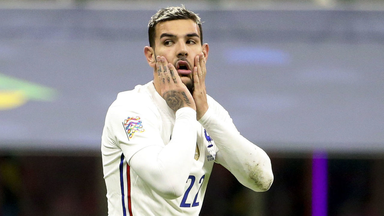 MILAN, ITALY - OCTOBER 10: Theo Hernandez of France reacts after missing a goal during the UEFA Nations League 2021 Final match between Spain and France at Stadio San Siro stadium aka Stadio Giuseppe Meazza stadium on October 10, 2021 in Milan, Italy.
