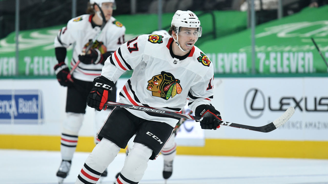 DALLAS, TX - FEBRUARY 9: Dylan Strome #17 of the Chicago Blackhawks skates against the Dallas Stars at the American Airlines Center on February 9, 2021 in Dallas, Texas.