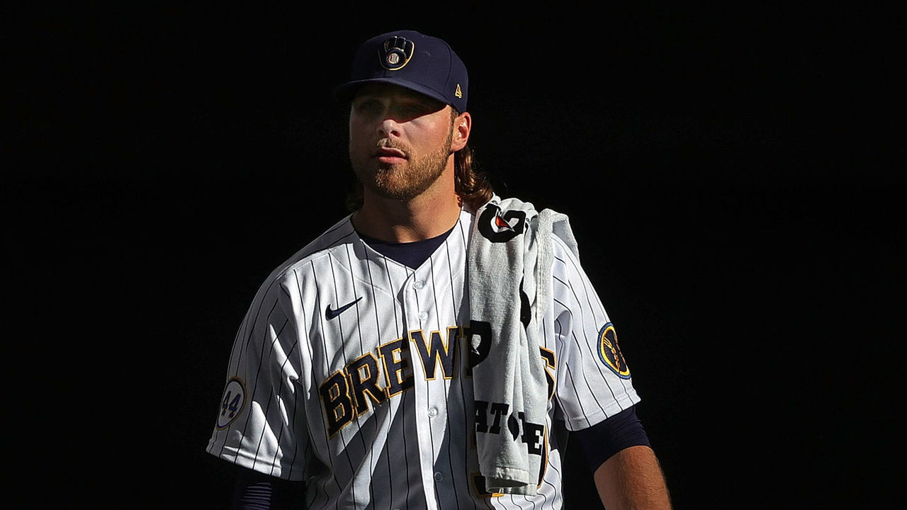 MILWAUKEE, WISCONSIN - OCTOBER 08: Corbin Burnes #39 of the Milwaukee Brewers walks to the dugout prior to game one of the National League Division Series against the Atlanta Braves at American Family Field on October 08, 2021 in Milwaukee, Wisconsin.