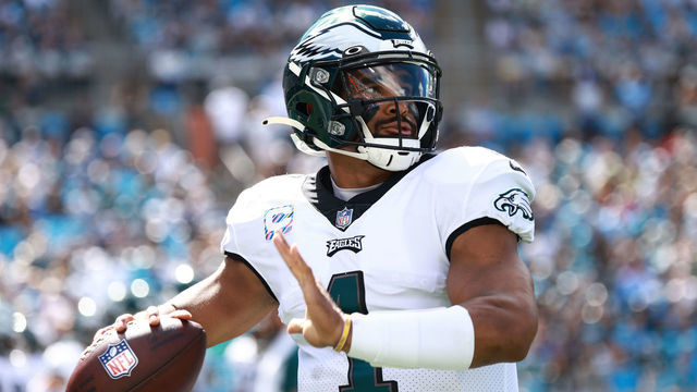 CHARLOTTE, NORTH CAROLINA - OCTOBER 10: Jalen Hurts #1 of the Philadelphia Eagles throws the ball during the first half of a football game against the Carolina Panthers at Bank of America Stadium on October 10, 2021 in Charlotte, North Carolina.