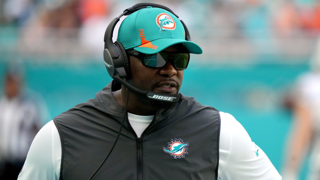 MIAMI GARDENS, FLORIDA - OCTOBER 03: Head coach Brian Flores of the Miami Dolphins on the sidelines in the game against the Indianapolis Colts at Hard Rock Stadium on October 03, 2021 in Miami Gardens, Florida.