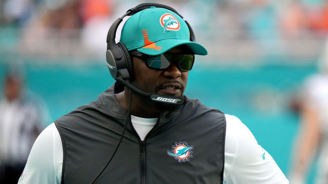 MIAMI GARDENS, FLORIDA - OCTOBER 03: Head coach Brian Flores of the Miami Dolphins on the sidelines in the game against the Indianapolis Colts at Hard Rock Stadium on October 03, 2021 in Miami Gardens, Florida.