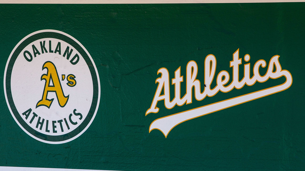 OAKLAND, CA - JULY 22: General view of the Oakland Athletics logos in the dugout before the game against the San Francisco Giants at the Oakland Coliseum on July 22, 2018 in Oakland, California. The Oakland Athletics defeated the San Francisco Giants 6-5 in 10 innings.