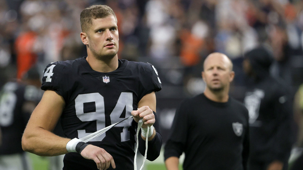 LAS VEGAS, NEVADA - OCTOBER 10: Defensive end Carl Nassib #94 of the Las Vegas Raiders walks off the field after the team's 20-9 loss to the Chicago Bears at Allegiant Stadium on October 10, 2021 in Las Vegas, Nevada.