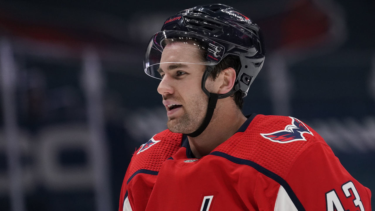 WASHINGTON, DC - MAY 11: Tom Wilson #43 of the Washington Capitals skates against the Boston Bruins in the second period at Capital One Arena on May 11, 2021 in Washington, DC.